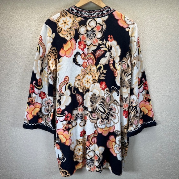 Chicos 2 Linen Blend Floral Fringe Long Cardigan Women's US L Lagenlook Boho - Picture 5 of 16